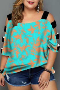 Light Blue Casual Print Hollowed Out Patchwork O Neck T-Shirts