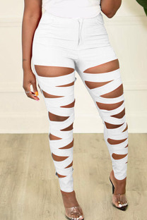 White Casual Solid Hollowed Out Patchwork Skinny High Waist Pencil Solid Color Trousers