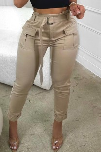 Khaki Casual Solid Patchwork Regular High Waist Conventional Solid Color Trousers