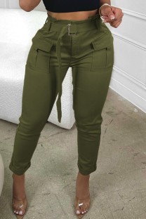 Army Green Casual Solid Patchwork Regular High Waist Conventional Solid Color Trousers