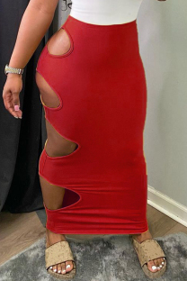 Red Sexy Casual Solid Hollowed Out High Qaist Skirt