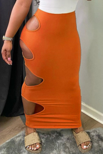 Orange Sexy Casual Solid Hollowed Out High Qaist Skirt