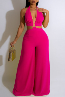 Rose Red Sexy Solid Patchwork Backless Halter Straight Jumpsuits