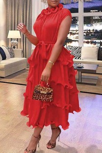 Red Casual Solid Patchwork O Neck Short Sleeve Dress Dresses