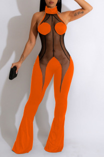 Orange Sexy Solid Patchwork See-through Backless Halter Boot Cut Jumpsuits