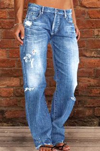 Blue Casual Street Patchwork Ripped Straight Denim Jeans