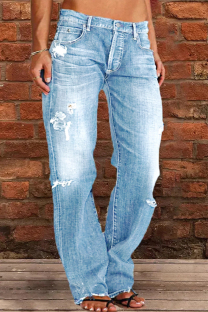 Light Blue Casual Street Patchwork Ripped Straight Denim Jeans