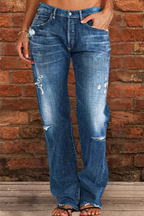 Navy Casual Street Patchwork Ripped Straight Denim Jeans