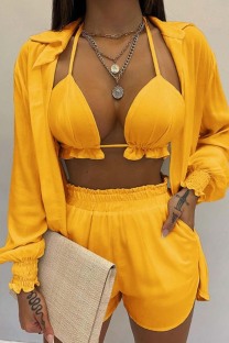 Yellow Sexy Casual Print Solid Basic Long Sleeve Three Piece Set
