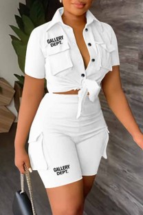 White Casual Street Print Letter Turndown Collar Short Sleeve Two Pieces
