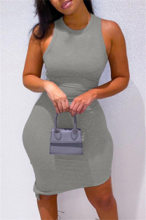 Grey Casual Solid Basic O Neck Vest Dress Plus Size Dresses