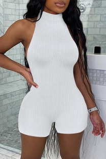 White Sexy Casual Solid Backless Halter Skinny Romper