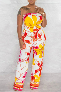 Yellow Sexy Print Patchwork Strapless Straight Jumpsuits