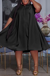 Black Casual Solid Basic Turndown Collar Short Sleeve Dress Plus Size Dresses