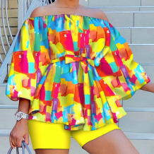 Yellow Casual Print Patchwork With Belt Off the Shoulder Plus Size Two Pieces