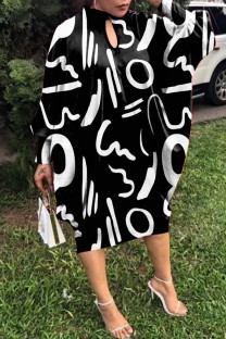White Black Casual Print Hollowed Out Half A Turtleneck Long Sleeve Dresses